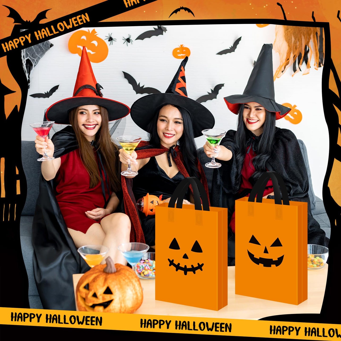 Gersoniel 48 Pcs Halloween Plastic Gift Bags with Handle Treat or Trick Pumpkin Tote Bags Candy Goodie Bag for Home Treat or Trick Halloween Party Favor Supplies Decorations