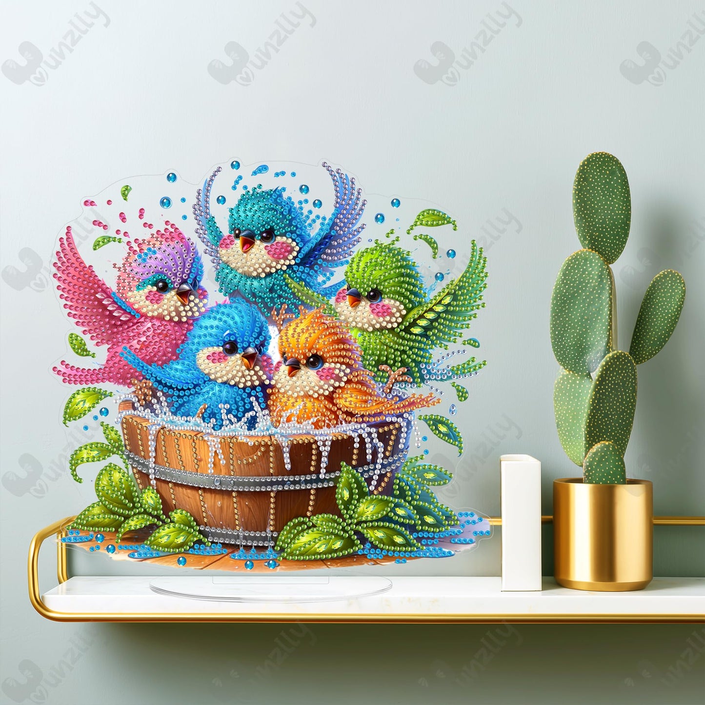 Yunzlly Stand Up Diamond Art Painting Kit, Desktop Gem Painting Ornament Kit for Adults, Tabletop Acrylic Diamond Board Painting (Happy Birds)