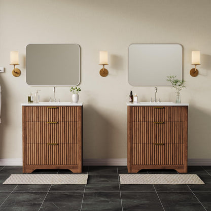 Garvee 30" Fluted Bathroom Vanity with Sink, Farmhouse Freestanding Bathroom Sink Cabinet with 2 Drawers & 1 Flip-Down Drawer, Easy Assembly & Cleaning, Walnut