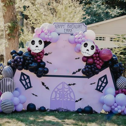 148 Pcs Halloween Balloon Arch Garland Kit, Pastel Pink Purple Black Halloween Birthday Party Decoration Stripe Skull Foil Balloons for Skeleton Haunted Yard Indoor Outdoor Spooky Party Supplies