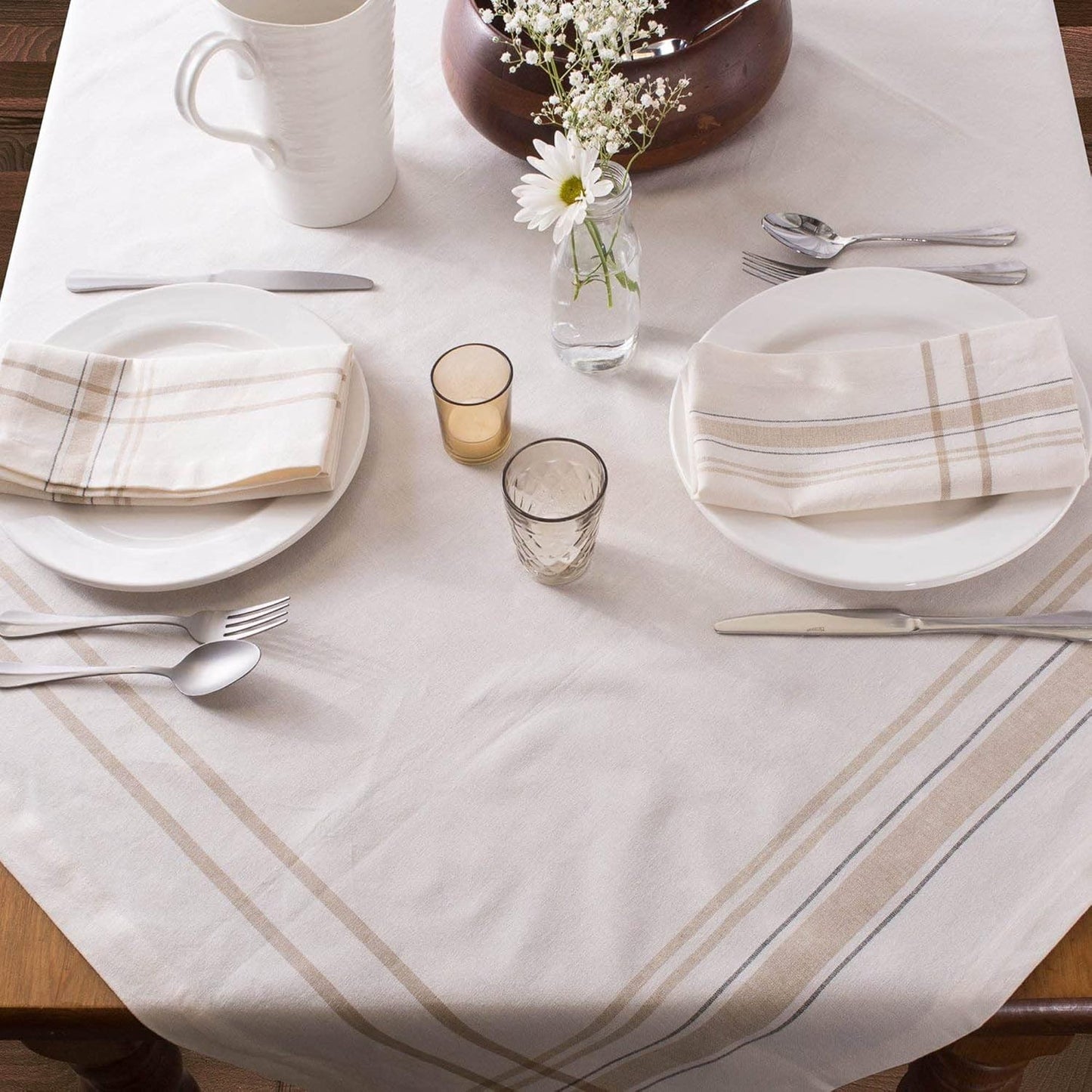 DII French Stripe Tabletop Collection Dining Table Linen Napkin Set, 20x20, White Chambray, 6 Piece