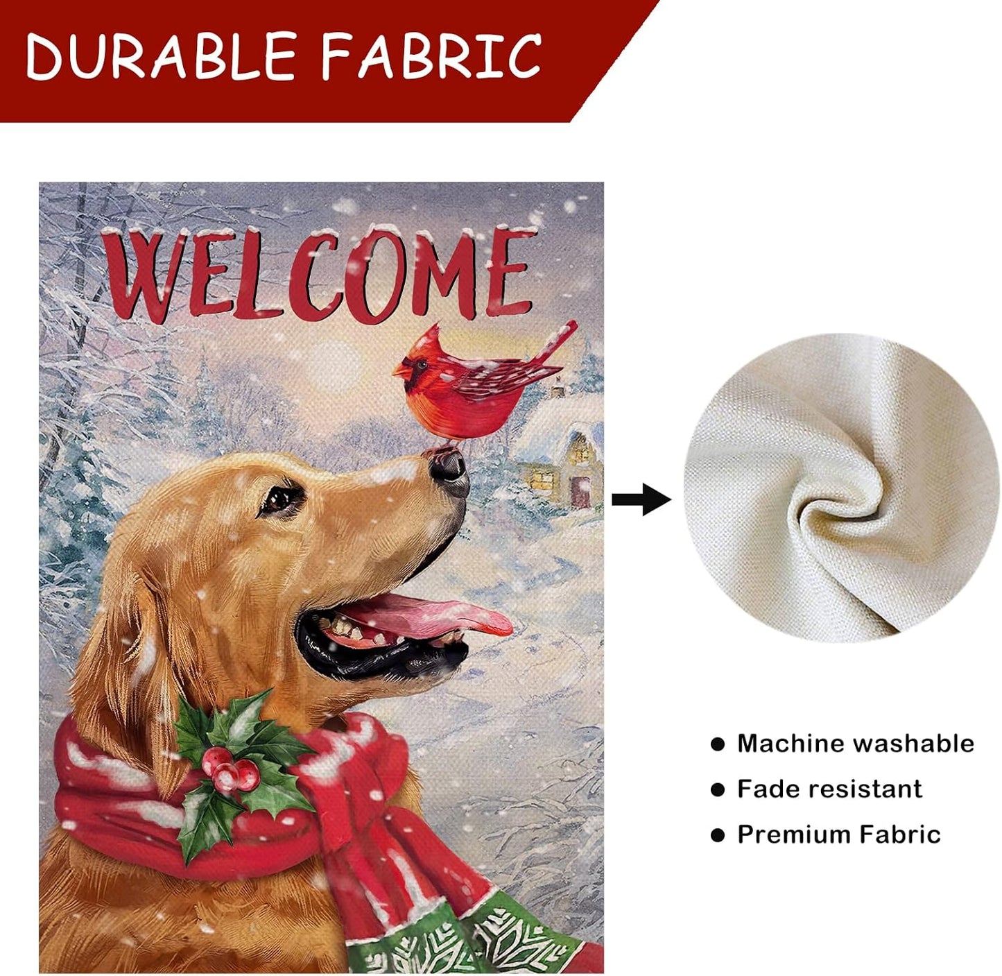 Welcome Winter Golden Retriever Dog Decorative Burlap Garden Flag, Puppy Cardinal Pet Home Yard Decor, Double Sided 12