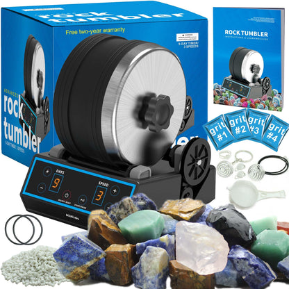 3.6LB Professional Rock Tumbler Kit, 3 Speed Settings & Digital 9-Day Timer, Rough Gemstones, 4 Polishing Grits