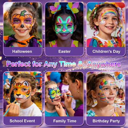 Fenmay Face Painting Kit for Kids - 42 Colors, Non-Toxic and Hypoallergenic, Stencils, Book, Brush, Sponge, and Professional Face Paint Makeup Palette- Safe and Easy to Use