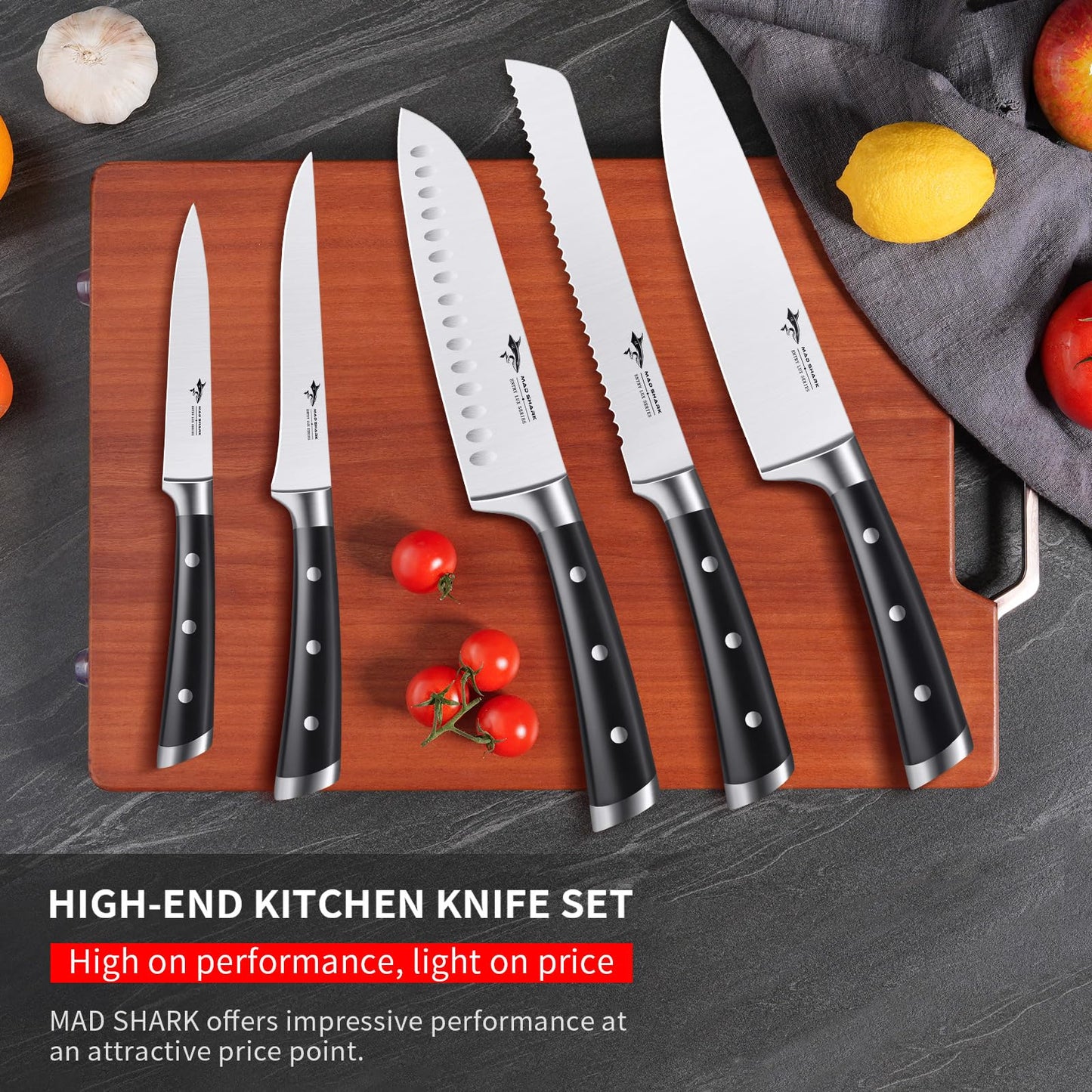 MAD SHARK Kitchen Knife Set 5 Piece,Chef Knife Set with Ergonomic Handle, Professional Ultra Sharp Kitchen Knives for High Carbon Stainless Steel Knives Set, Cooking Knives Sets with Gift Box