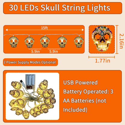 Skull String Lights, 15FT Halloween Lights 30 LED Skull Lights Warm White Halloween & Day of the Dead String Lights with Battery & USB Powered 2 Lighting Modes IP42 Waterproof for Indoor Outdoor Decor