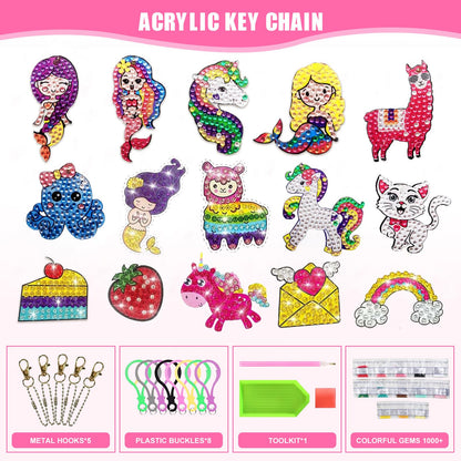 ACSAUMMY Diamond Art Painting Kits, 15pcs Diamonds Art Sticker + 8pcs Double Sides Diamond Keychains Kit Uni-Corn Gem Arts Craft Stickers Kit DIY Diamond Keychain Making Kit for Adults Kids Age 6-12