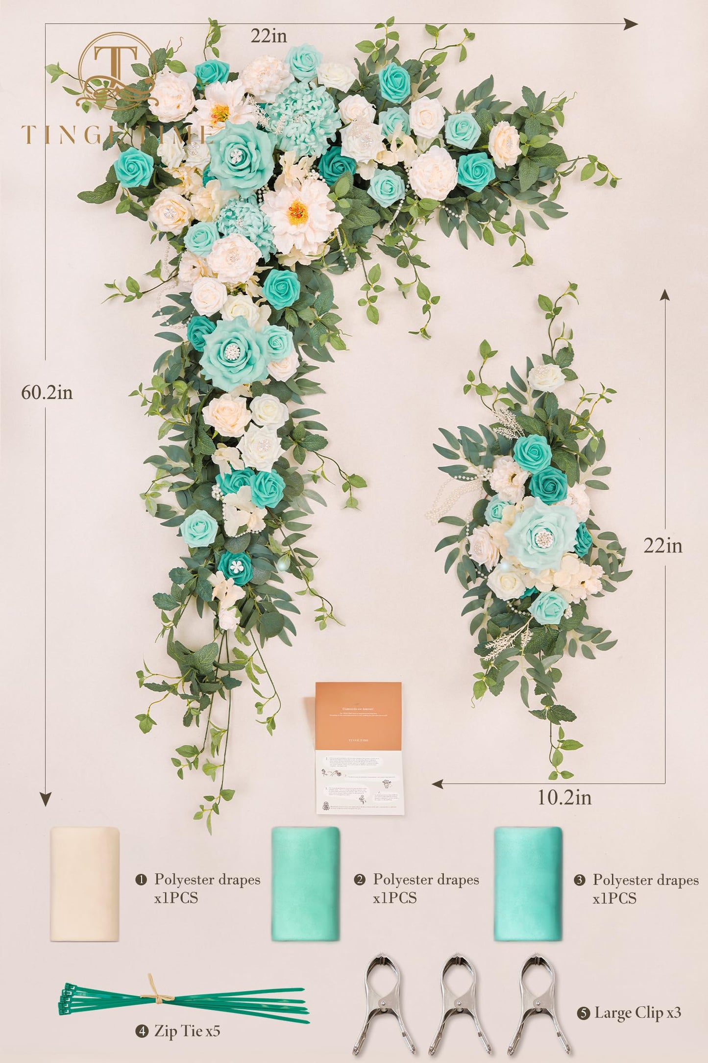 TINGE TIME Wedding Arch Flowers Kit - Deluxe 5pcs Artificial Floral Swag with 3 Sheer Drapes, Realistic Silk Flower Arrangements for Wedding Ceremony Arbor Backdrop Reception Party Home Decor