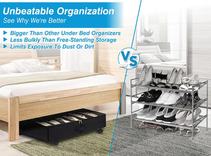 Under Bed Shoe Storage Organizer with Wheels (Black) - Dustproof Storage with 10 Adjustable Dividers, 7.9 in Tall