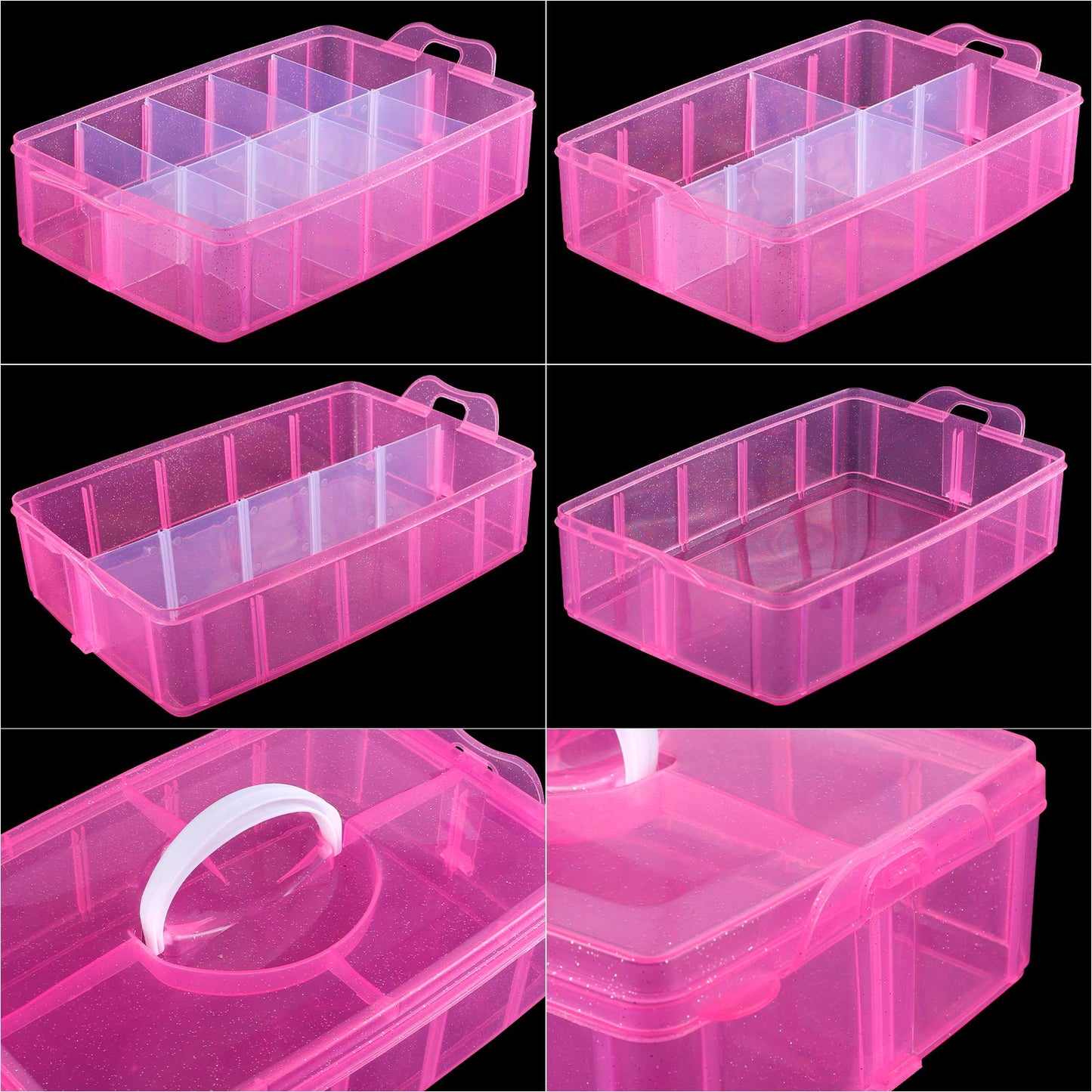 SGHUO Bead Organizers and Storage 3-Tier Pink Craft Container Stackable Box with Dividers for Art Supplies, Washi Tapes, Seed, Hair Accessories, Nail, 9.5X6.5X7.2in