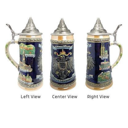 Essence of Europe Gifts 1 L Deutschland German Beer Stein with Lid – German Adler (Eagle) Tankard Hand Painted Engraved Cities Beer Stein Mug - Stein Mug By E.H.G