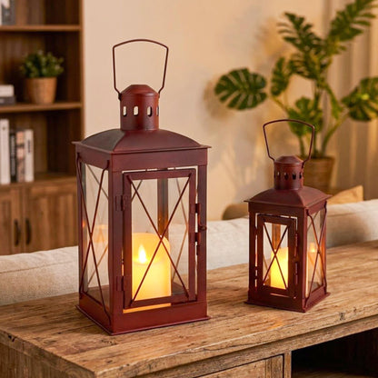 TRIROCKS Set of 2 Decorative Candle Lantern 14/10'' High Metal Candle Holder Hanging Lantern Perfect for Home Decor Patio Living Room Parties Events Tabletop Indoors Outdoors (Red)