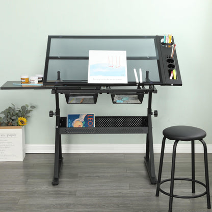 Gecheer Black Adjustable Tempered Glass Drafting Table with Chair, 0-75° Tilt Desktop, 5mm Thick, Two Metal Drawers & Side Storage Strips, Height & Angle Adjustable for Uneven Floors