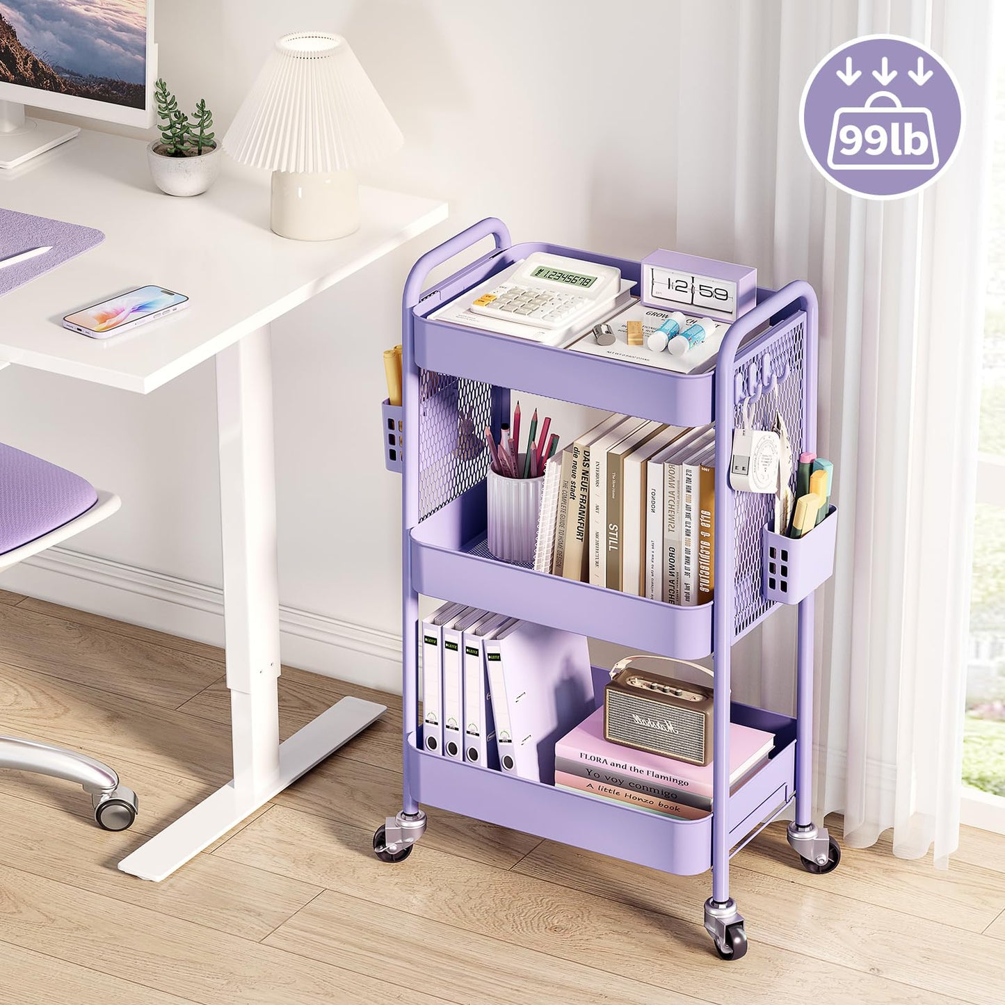 TOOLF 3 Tier Rolling Cart Storage Organizer, Metal Rolling Utility Cart with Wheels, Hooks & Bins Esthetician Craft Art Sturdy Storage with Pegboard for Bathroom, Kitchen, Office, Nursery Diaper