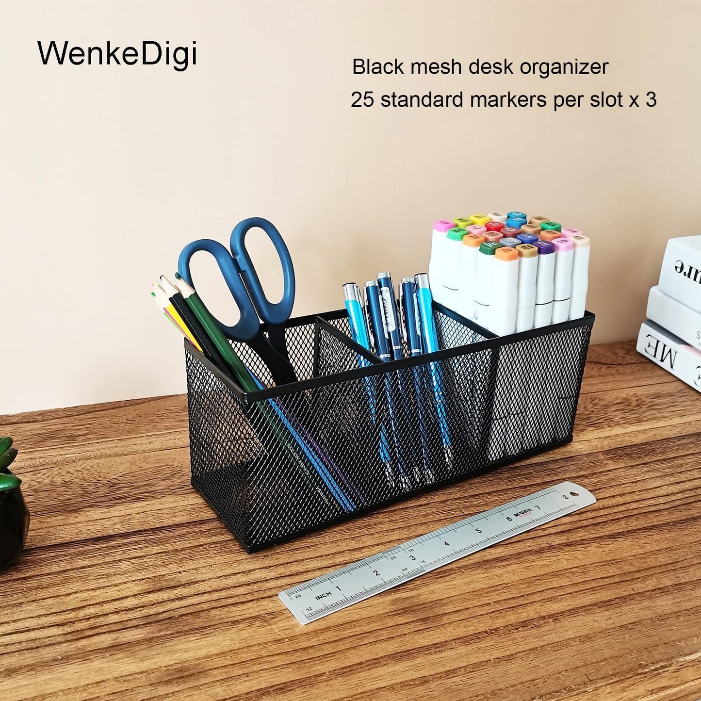 Metal Mesh Pencil Holder, Spacious 3-Compartment Desk Organizer for Pens, Makeup Brushes, Utensils, Multipurpose Office, School ,Kitchen, Home Desktop Storage, 10.43 x 3.35 x 4.04 Inches, Black