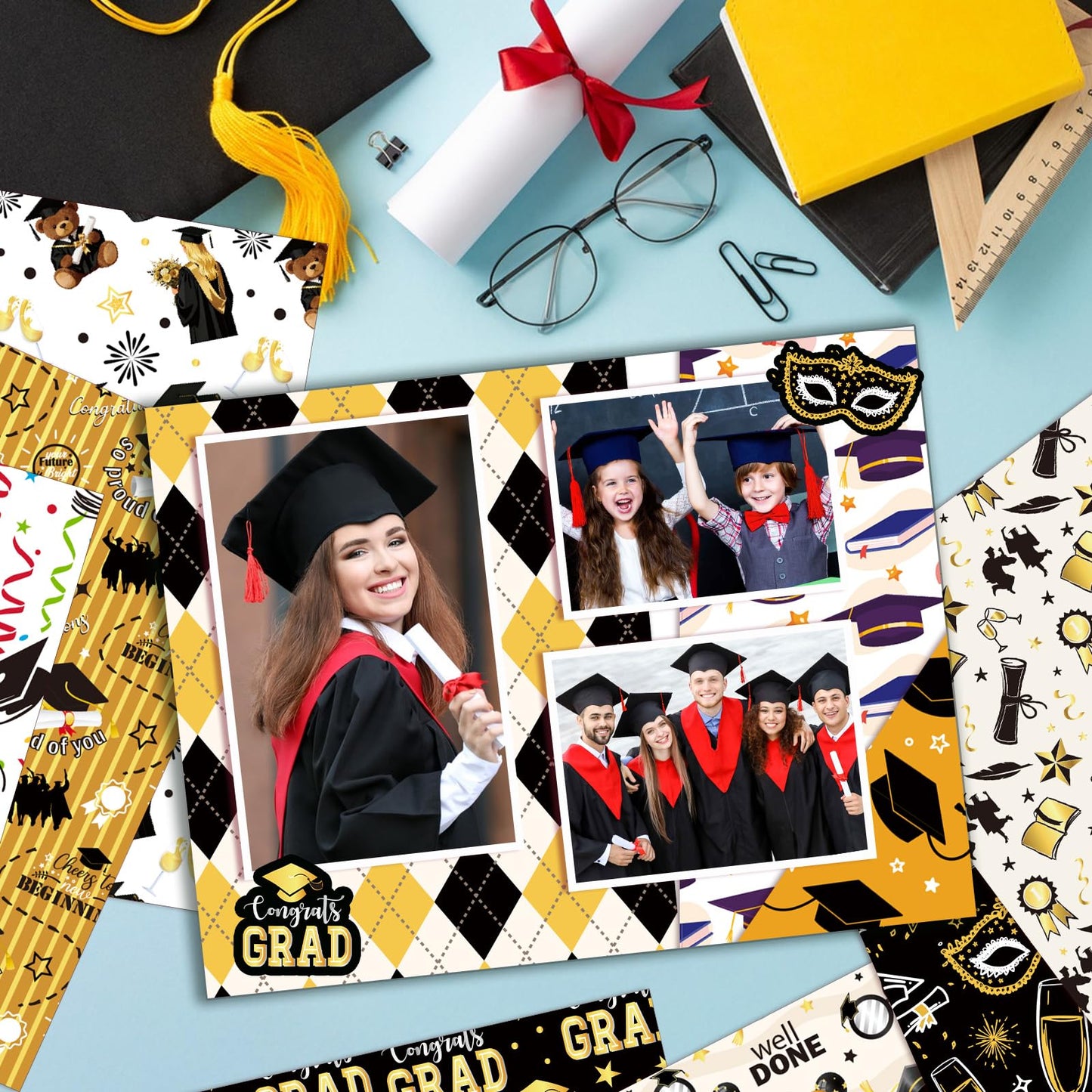 Konsait 24 Sheets Graduation Scrapbook Paper 12x12, Double Sided Grad Patterned Paper Black and Gold Decorative Cardstock Graduation Origami Papers for Card Making Scrapbook Supplies