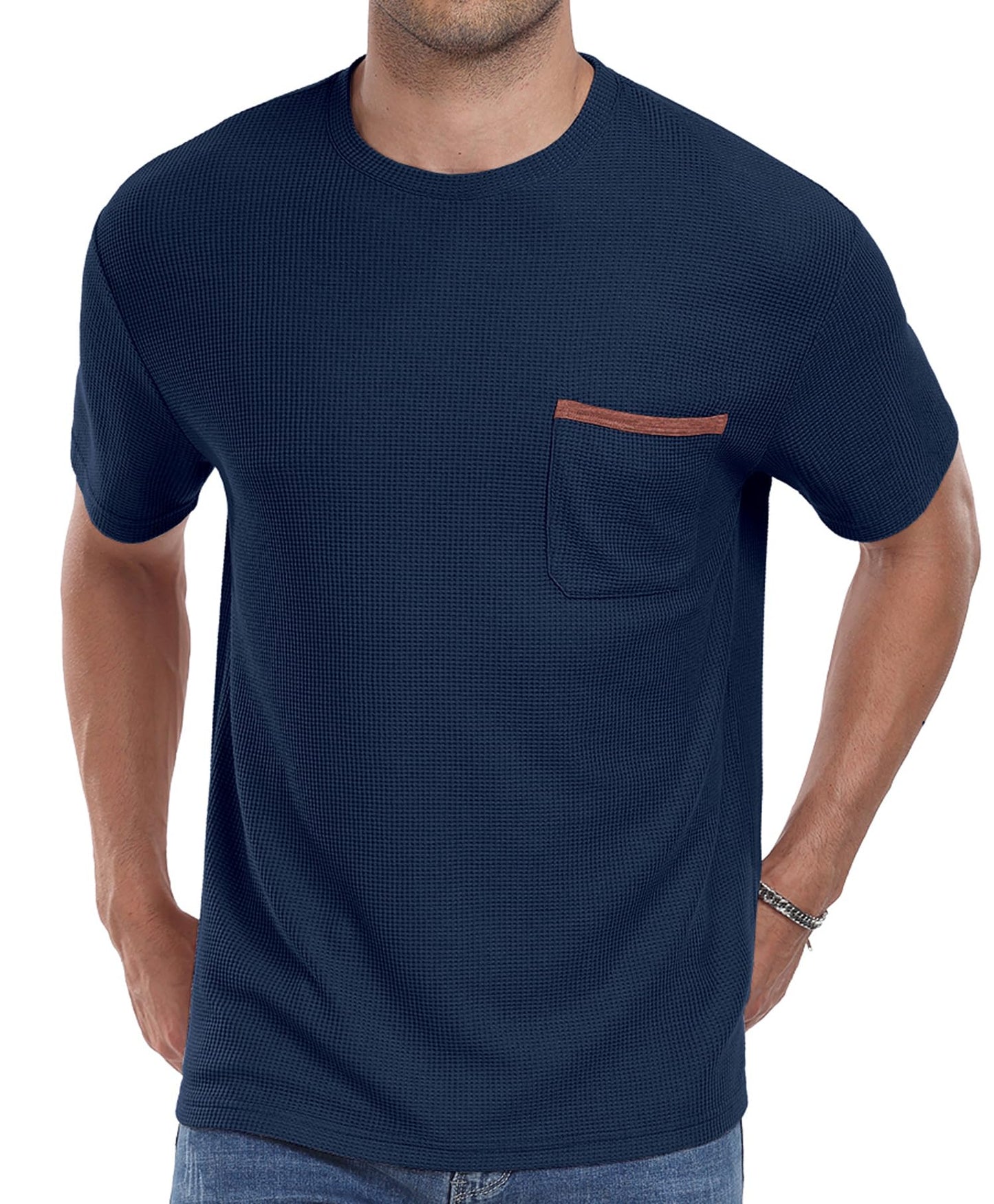 NUOKESASI Mens Casual T-Shirt Short Sleeve Crew Neck Soft Tee Shirts Summer Beach Waffle Textured Tops with Pocket Navy Blue-M