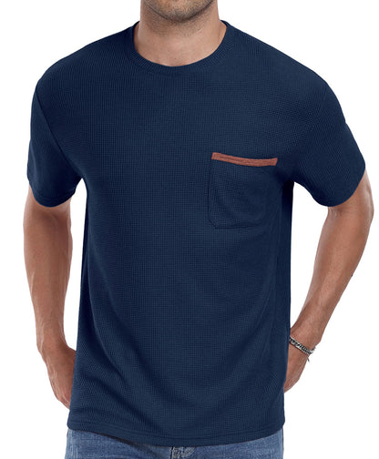 NUOKESASI Mens Casual T-Shirt Short Sleeve Crew Neck Soft Tee Shirts Summer Beach Waffle Textured Tops with Pocket Navy Blue-M