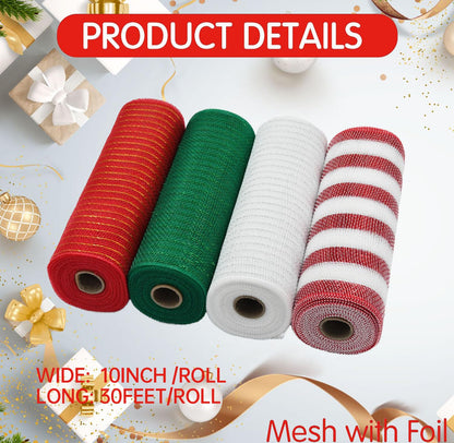 NBHH Christmas Mesh Ribbon Deco -Red, Green, White,Border Striped Deco Mesh Wire Ribbon Metallic Foil Rolls for DIY Christmas Wreaths Decorations Wrapping Craft, 4 Rolls(10 inch Wide)