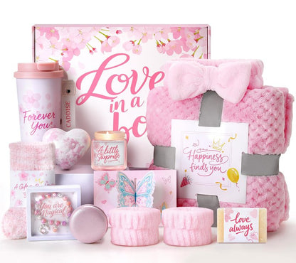 Birthday Gifts for Women, Gift Basket for Mom Wife Sister Her Friends, Luxury Self Care Spa Set with Blanket, Thank You Get Well Soon Box for Mother Valentine Day