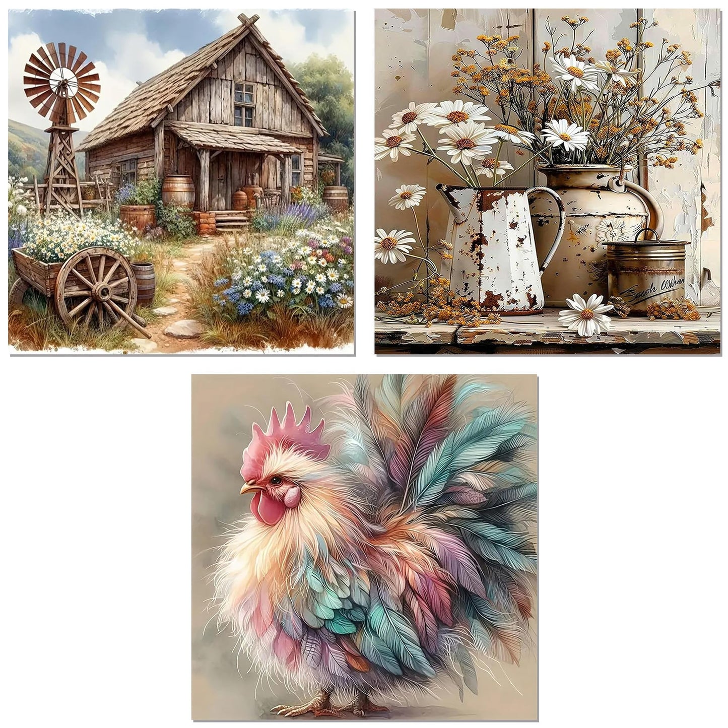 Ekuxom 3 Pack Diamond Art Kits for Adults - Rustic Farmhouse Daisy Diamond Painting Kits for Adults - 5D DIY Round Full Drill Diamond Dot Gem Art Crystal Kits for Home Wall Decor 14x14inch