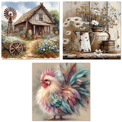 Ekuxom 3 Pack Diamond Art Kits for Adults - Rustic Farmhouse Daisy Diamond Painting Kits for Adults - 5D DIY Round Full Drill Diamond Dot Gem Art Crystal Kits for Home Wall Decor 14x14inch
