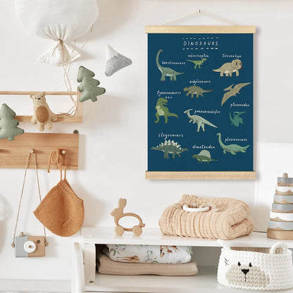 12x16 Inches BCUANGD Dinosaur Dino Wall Decor - Dark Blue Baby Toddler Boys Room Wall Art Poster Hanger with Wood