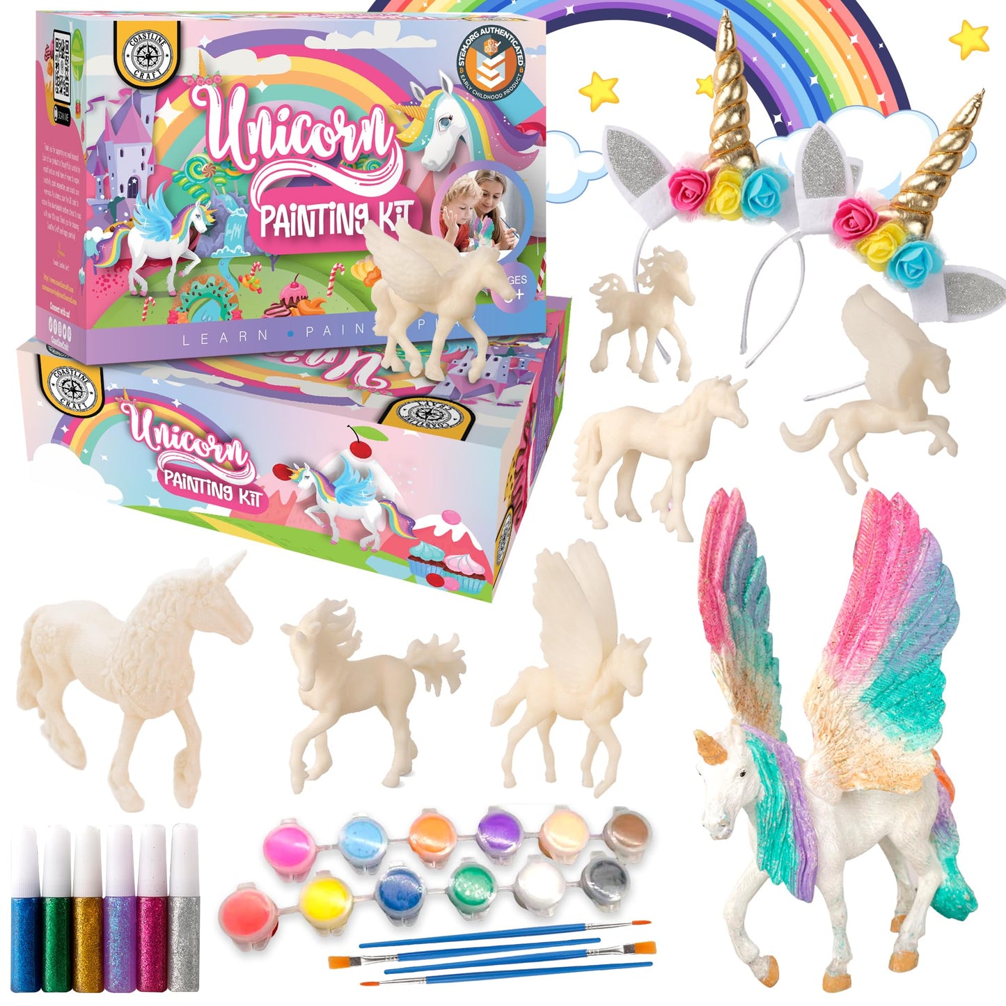 Unicorn Painting Kit for Girls - STEM Certified Unicorn Craft for Girls Ages 4-6 & up- Paint Your Own Arts and Crafts Includes 2 DIY Headbands & 8 Kids Painting Crafts for Fun Screen-Free Play