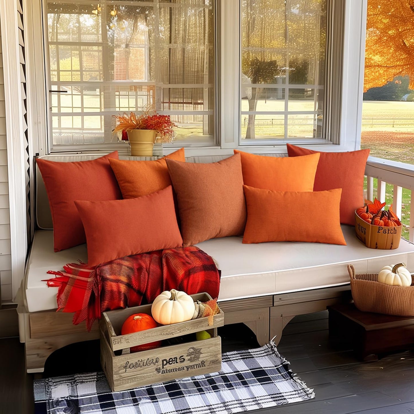 MIULEE Fall Pack of 2 Decorative Outdoor Waterproof Throw Pillow Covers, Polyester Linen Cushion Cases for Garden