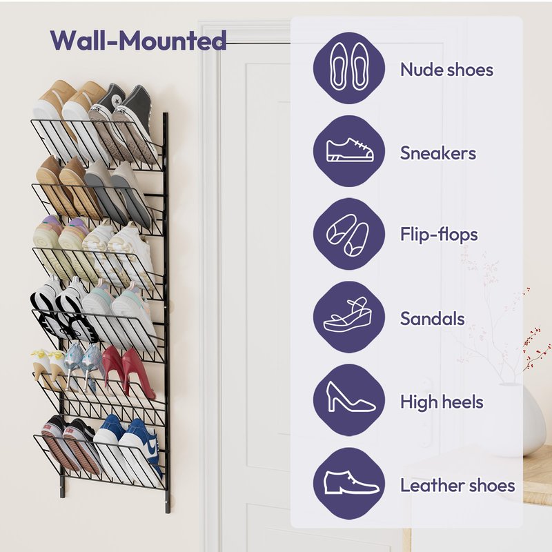 SWTYMIKI Over The Door Shoe Organizer - Adjustable 6 Tier Hanging Shoe Rack Organizer, Metal Heavy Duty Behind Door Storage or Wall Mount Shoes Shelf for Flats, Heels, Sneakers, Boots