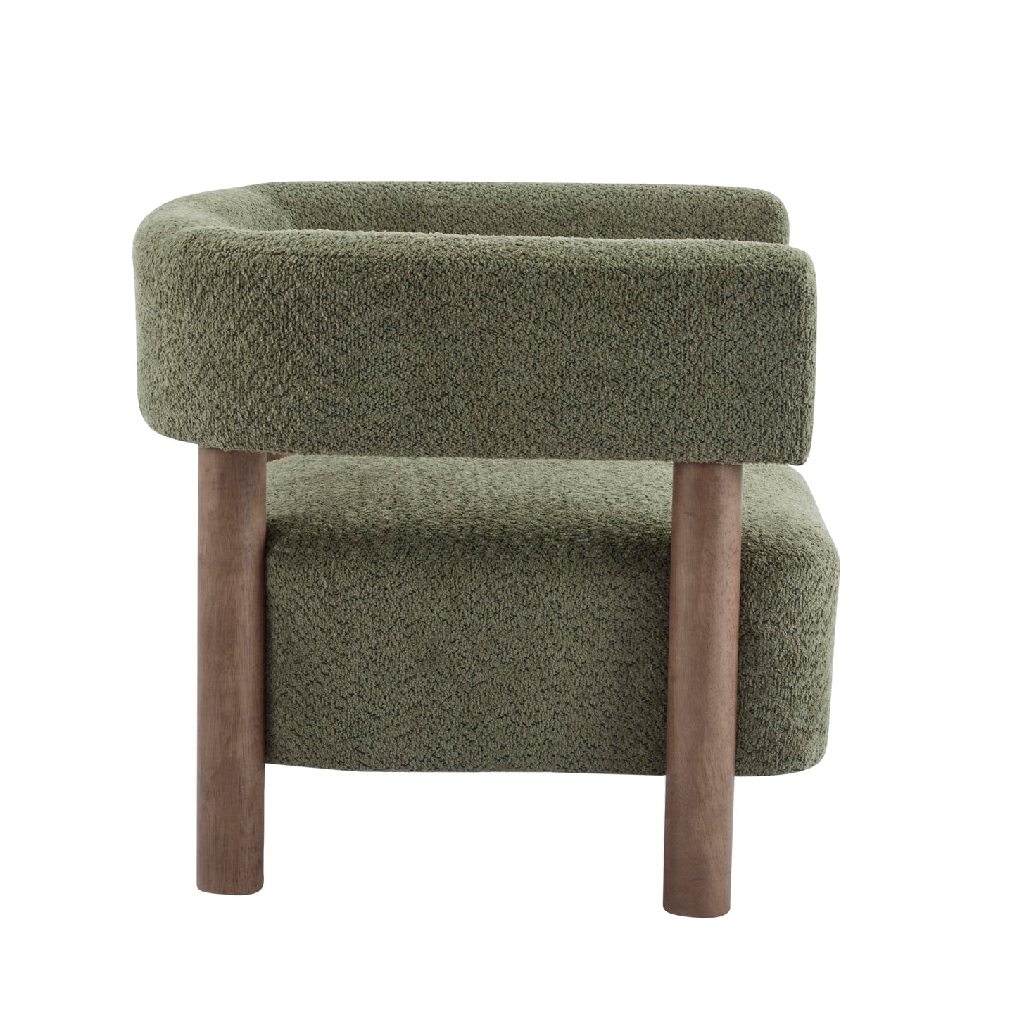 Merax Bouclé Upholstered Accent Arm Chair, Modern Lounge Armchair with Rubber Wood Legs and Foam Cushion, Comfortable Barrel Reading Chair for Living Room Bedroom, Olive Green/Walnut