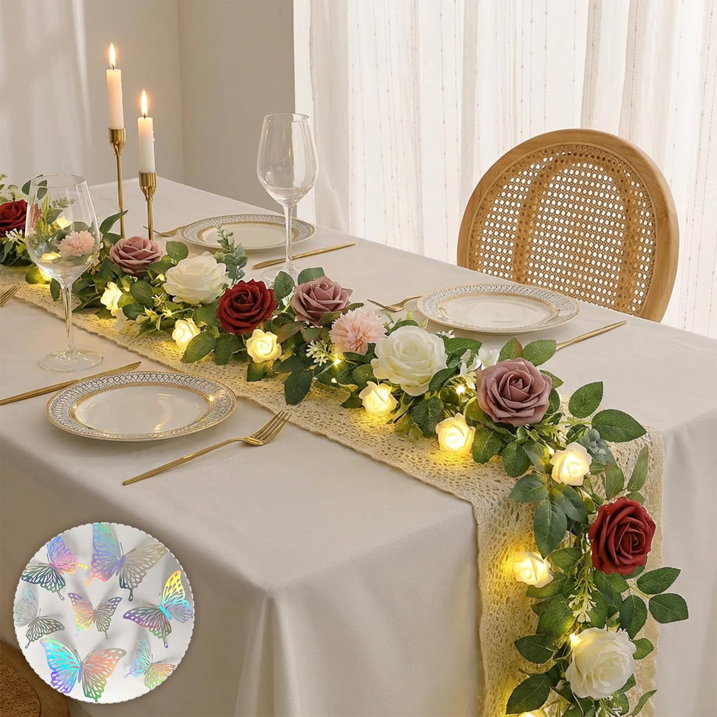 Floraobley 5.5FT Artificial Flower Garland Burgundy Rose & Greenery for Wedding Arch Backdrop Table Centerpiece Mantel Decor, with 3D Butterflies & Decorative Accessories