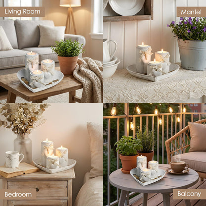 Teeloray Farmhouse Candle Holders 3 Pack Rustic Wooden Pillar Candle Holder with Heart Tray and Stones Tealight Candles Holders Centerpiece for Wedding Coffee Table Mothers Day Valentines Home Decor