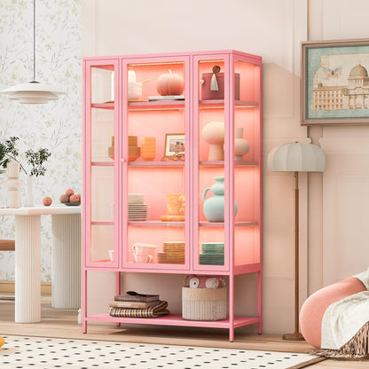 Merax 67" Tall Glass Display Cabinet with Adjustable Shelves and LED Lights, for Collectibles, Modern Steel Storage Curio Cabinet with 3-Sided Glass Display Case for Home Office Study Room, Pink