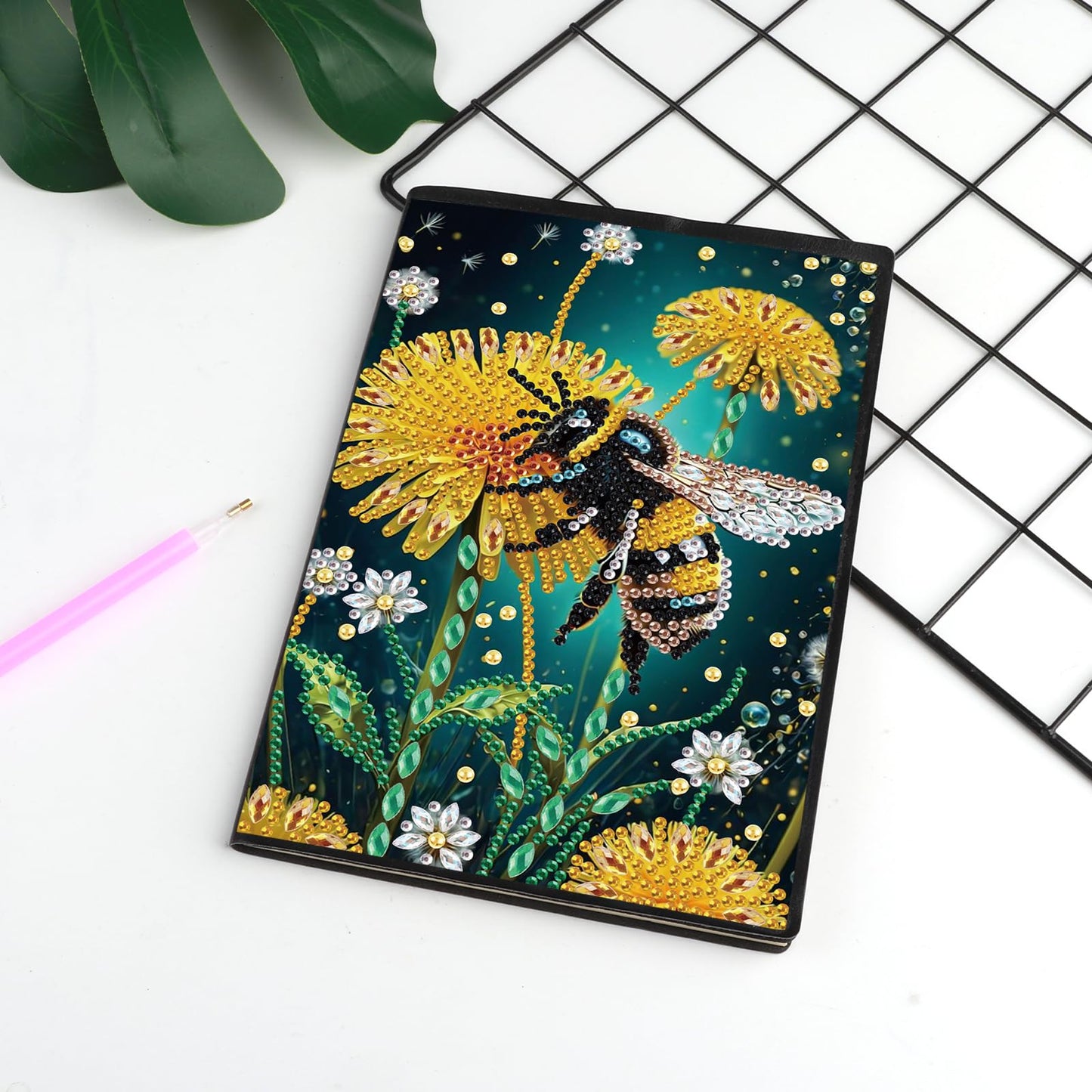 JISHSHAY Diamond Painting Notebook Journal Diamond Art Note Book Gem Art Sketch Book Gem Painting Diary Mosaic Kits for Adults Blank Notebook with Special Drills 14.5×21cm/5.7×8.26in Flower Bee