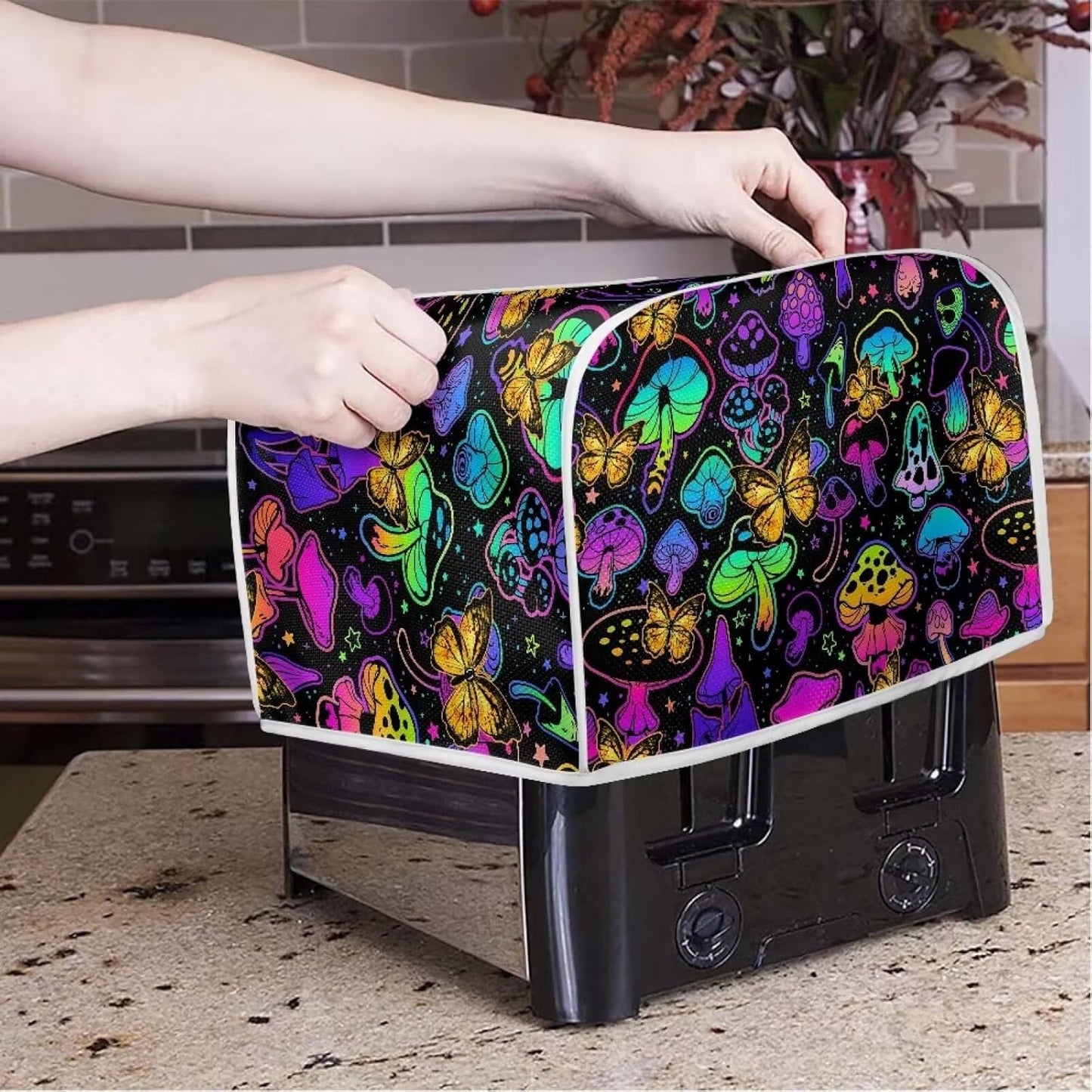 Gomyblomy Mushroom Butterfly Toaster Cover, Polyester Fabric Dustproof Cover for Kitchen, Washable Microwave Oven