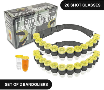Fairly Odd Novelties Shot Glass Ammo Belt with 28 Bullet-Shaped Shot Glasses, Adjustable Nylon for Parties
