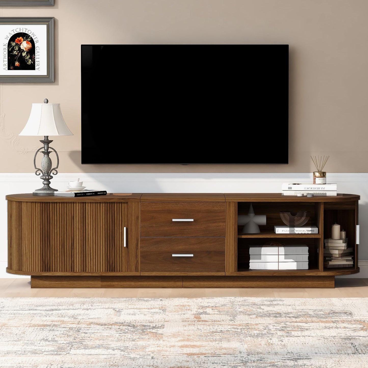 Merax 70.8" Fluted TV Stand for 65-70 Inch TVs, Modern Wood Entertainment Center with Sliding Doors, Storage Drawers, Rounded Corners, Easy-Clean Media Console Cabinet, Antique Brown