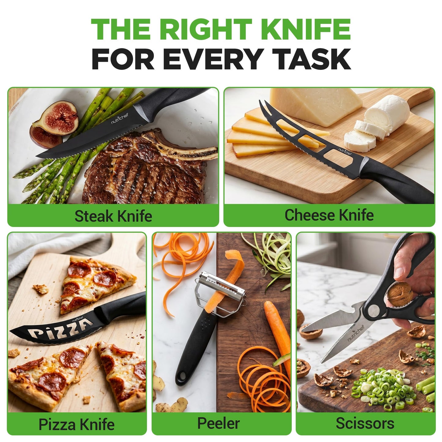 NutriChef 17-Piece Kitchen Knife Block Set - Stainless Steel Precision Crafted Knives w/Acrylic Block Stand - Includes 6 Steak & 7 Multi-Use Knives, Sharpener, Scissors, & Vegetable Peeler (Black)