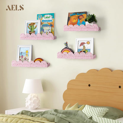 Set 4, AELS Scalloped Nursery Bookshelf, of Picture Ledge Shelf for Wall Decor, Woven Natural Fibre Floating Shelves