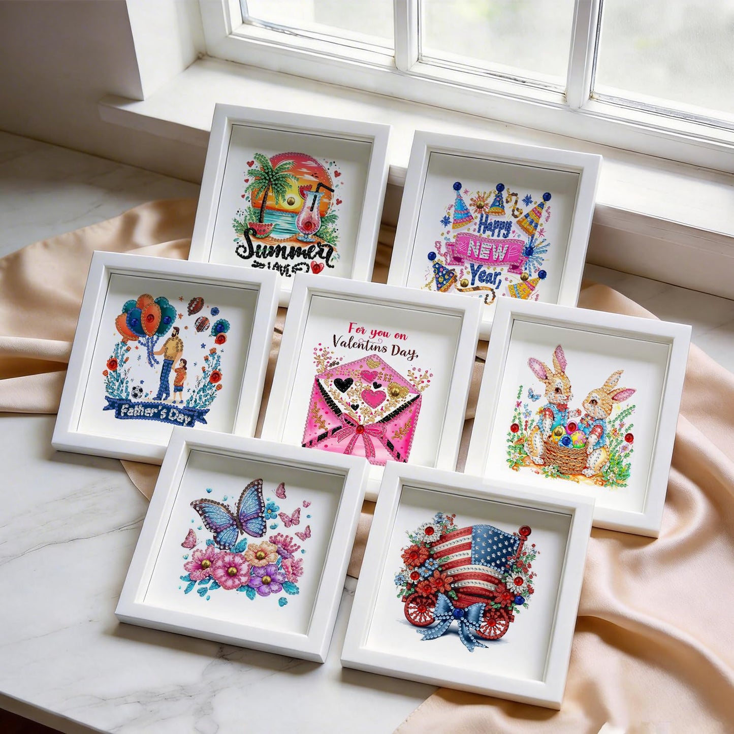 DOZEEZOP 12-Pack Interchangeable Diamond Art Kits for Adults Beginners Teens with Frame, Holiday & Seasonal 5D Diamond Paintings with Round Partial Drill, Home Decor DIY Craft Gift (7x7 Inch)