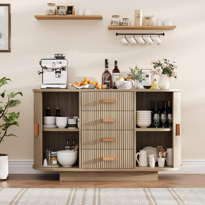 47" Fluted Sideboard Buffet Cabinet, Modern 60" Buffet Table with 4 Drawers and 2 Arched Sliding Doors, Coffee Bar Storage Console Cabinet, Accent Table for Dining Living Room, Hallway- Natural Oak