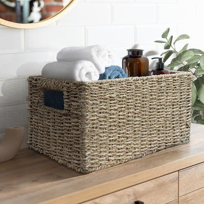 HOMESTEAD Seagrass Baskets with Built-in Handles for Storage, 13.5" x 8" Medium Rectangular Wicker Basket, 2 Packs