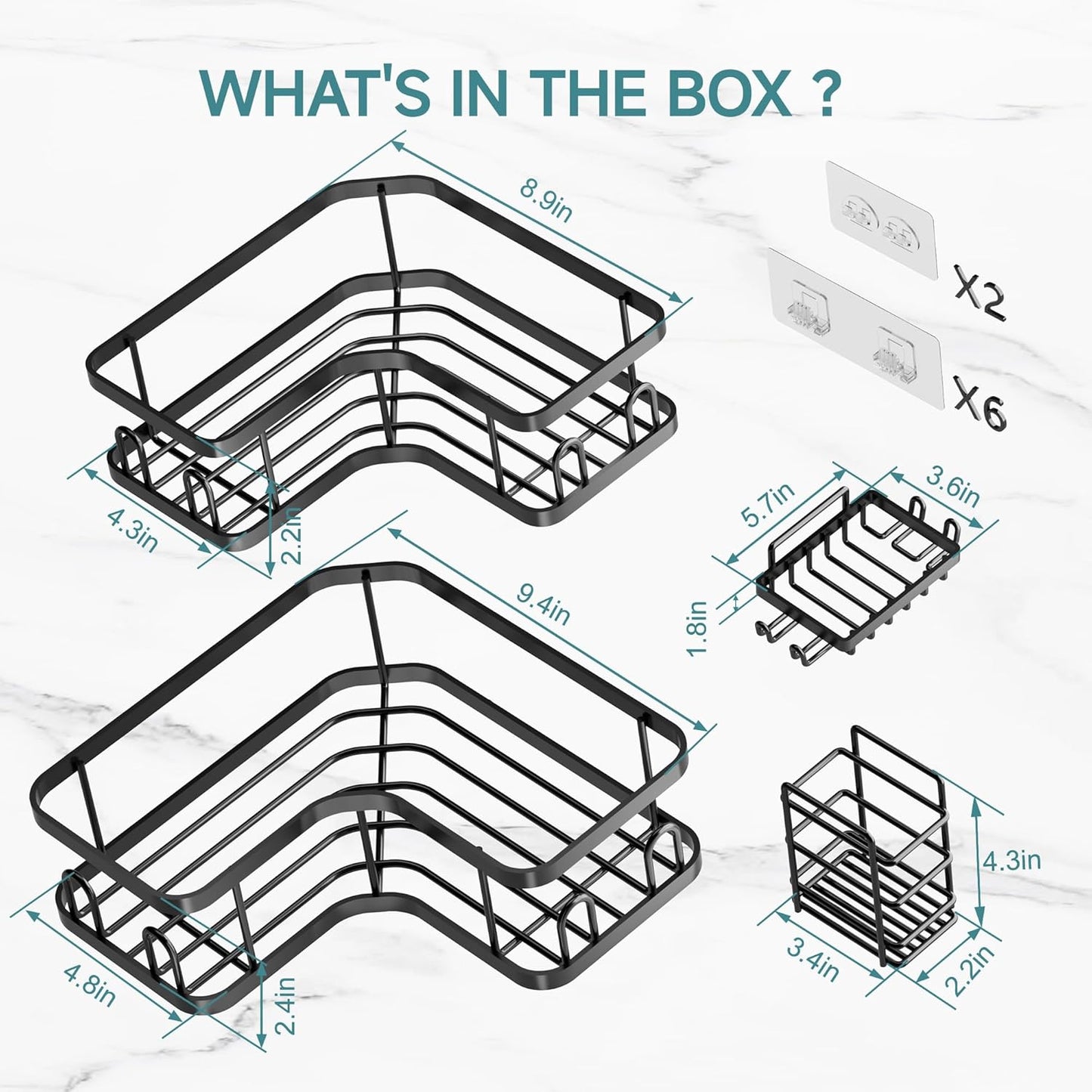 4-Pack, Veken Corner Shower Caddy Advanced Rustproof Design, No Drilling Adhesive Shelves, Rack with Soap Holder, Large