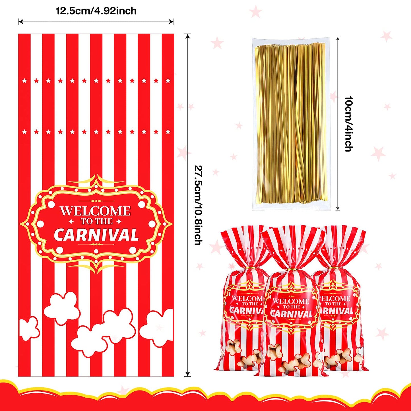 Epakh 200 Packs Carnival Candy Bags Circus-themed Plastic Party Treat Bags with Popcorn Pattern and Gold Twisted Ties for Carnival Birthday Party Favors, Cookies, and Cupcakes (Simple)