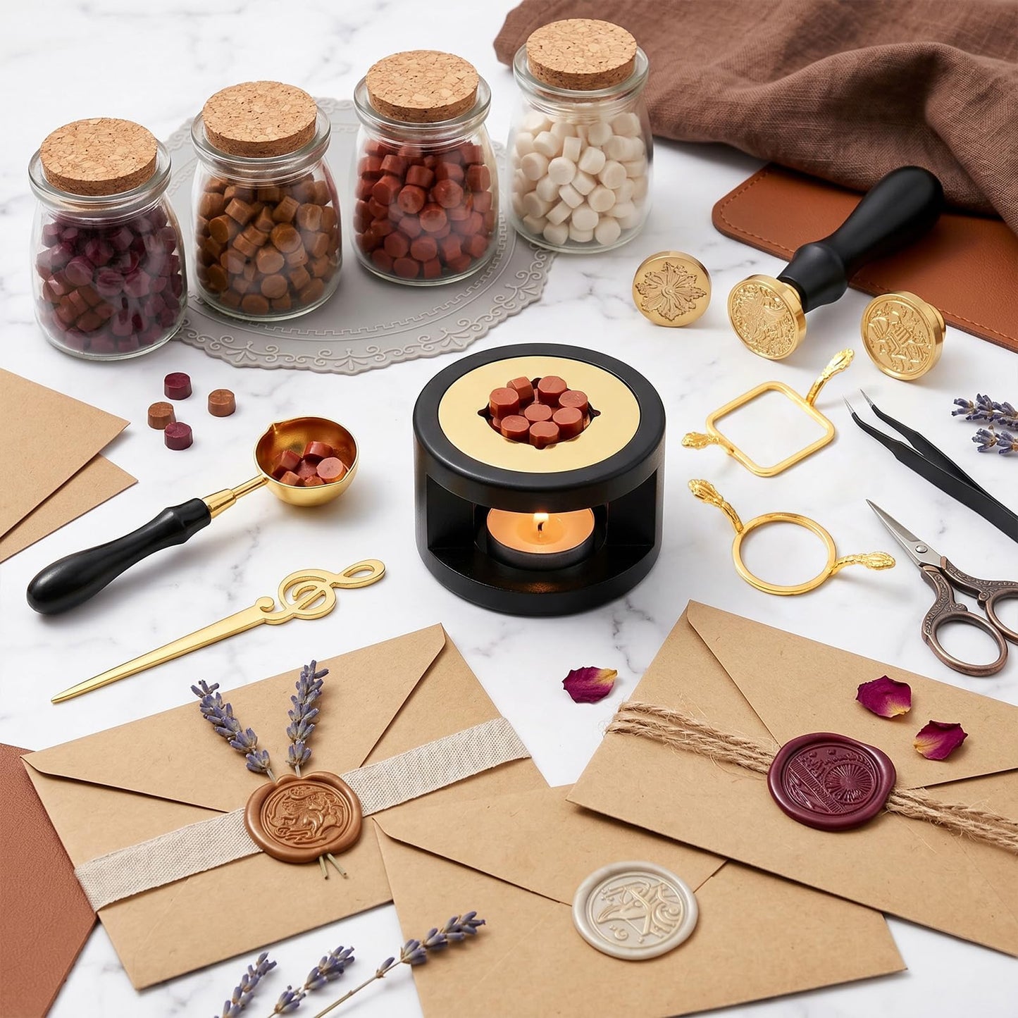18Pcs Wax Seal Stamp Kit,Classic Sealing Wax Stamp Heads with Wooden Handle Metal Wax Seal Molds, Wax Warmer Melting Spoon Silicone Mat for Wedding Invitation Letter Envelope Gift Cards DIY Crafts