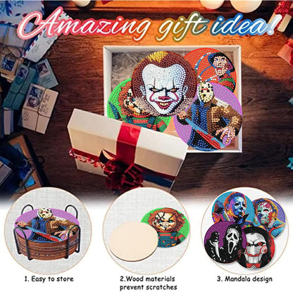 NEGEKFKX 8 Pcs Halloween Diamond Art Painting Coasters Kits,Horror Coaster with Holder for Adults, Non-Slip DIY Dot Paint Craft Kits,5D Full Drill DIY Diamond Dot Gem Art Kit Home Decor Arts Craft