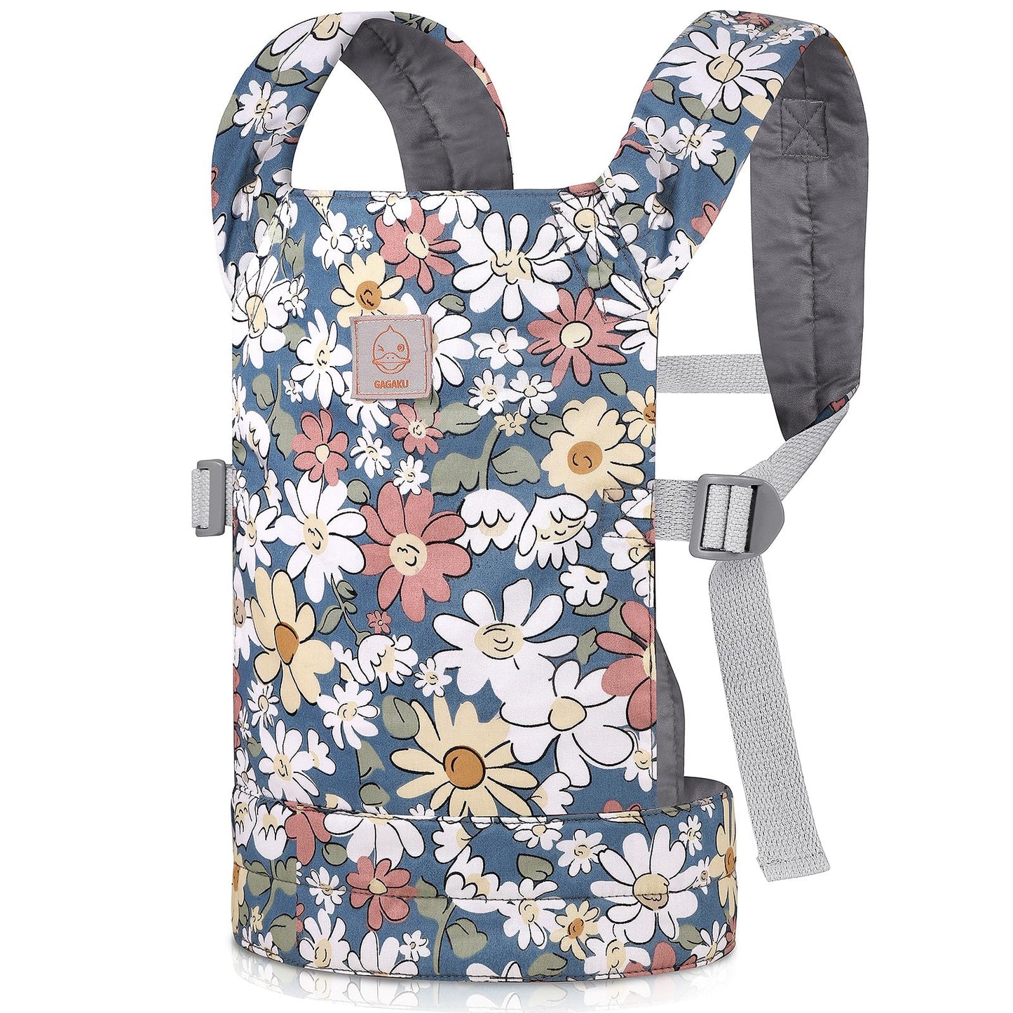 GAGAKU Baby Doll Carrier - Kids Toy with Adjustable Straps for Stuffed Animal Dolls - Gray - Smiling Daisies