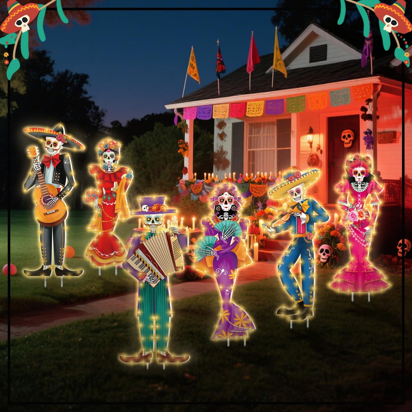 Tioncy 6 Pcs Day of the Dead Yard Decorations Outdoor Dia De Los Muertos Outside Yard Signs with Stakes String Lights Halloween Sugar Skull Couple Skeleton Decor for Mexican Fiesta Party Lawn Garden