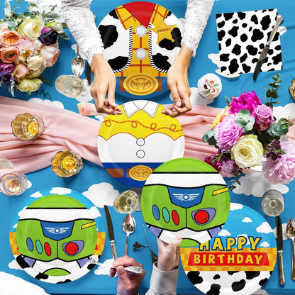 130pcs Story Birthday Party Decorations Tableware Set for 20 Guests Include Banner, Cupcake Topper, Cake Topper,Paper Plates,Napkins and Cups,Plastic Tablecloth and Forks,Latex Balloons